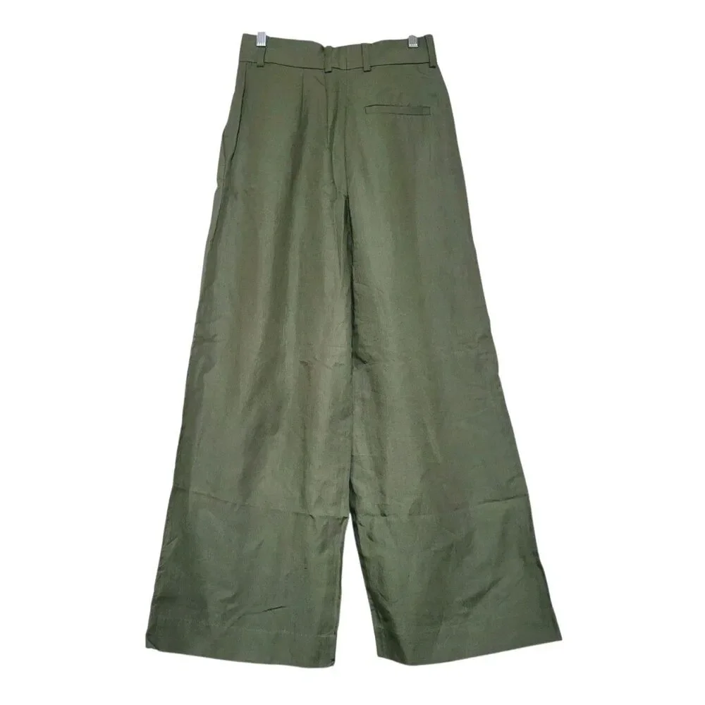 COS Size 4 NWT High Rise Wide Leg Pleated Linen Bl Pants Neutral Solid Green